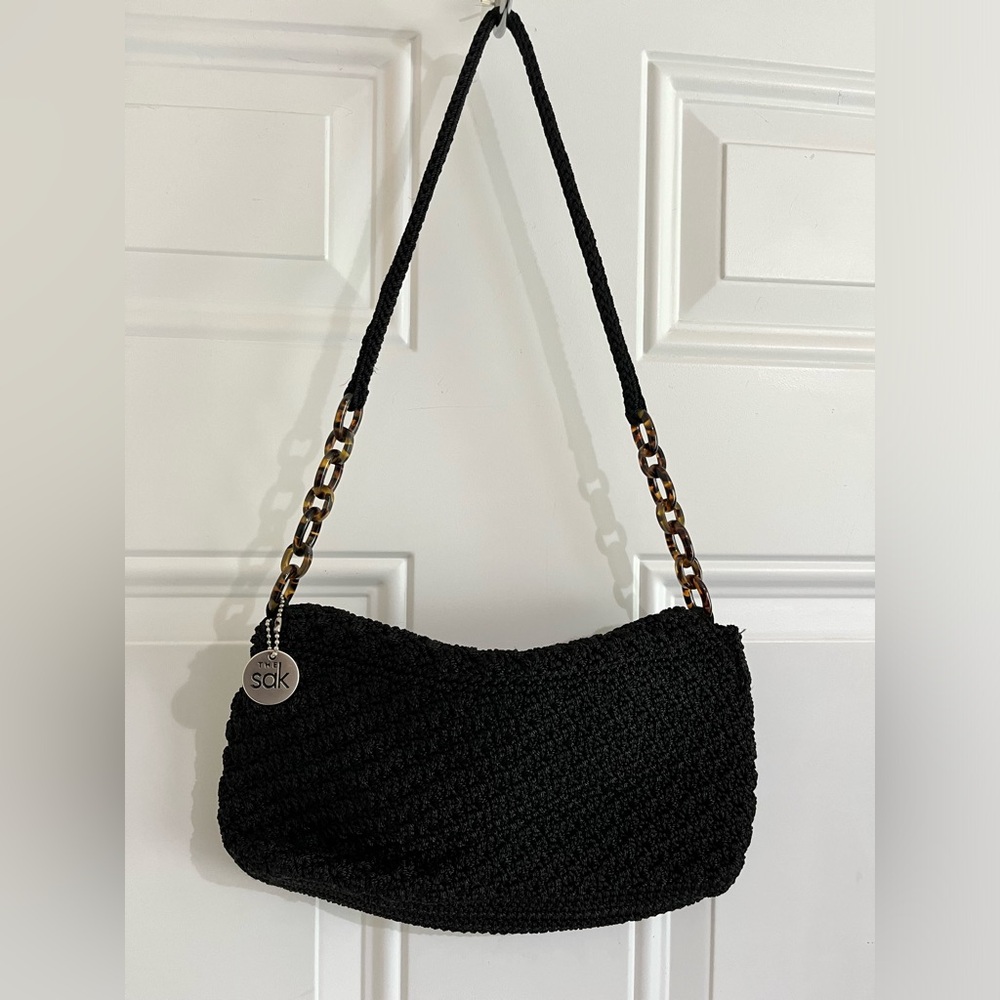 The Sak Black Crochet Flap Snap Closure Faux Tortoise Links Shoulder Mini Bag - Picture 5 of 11
